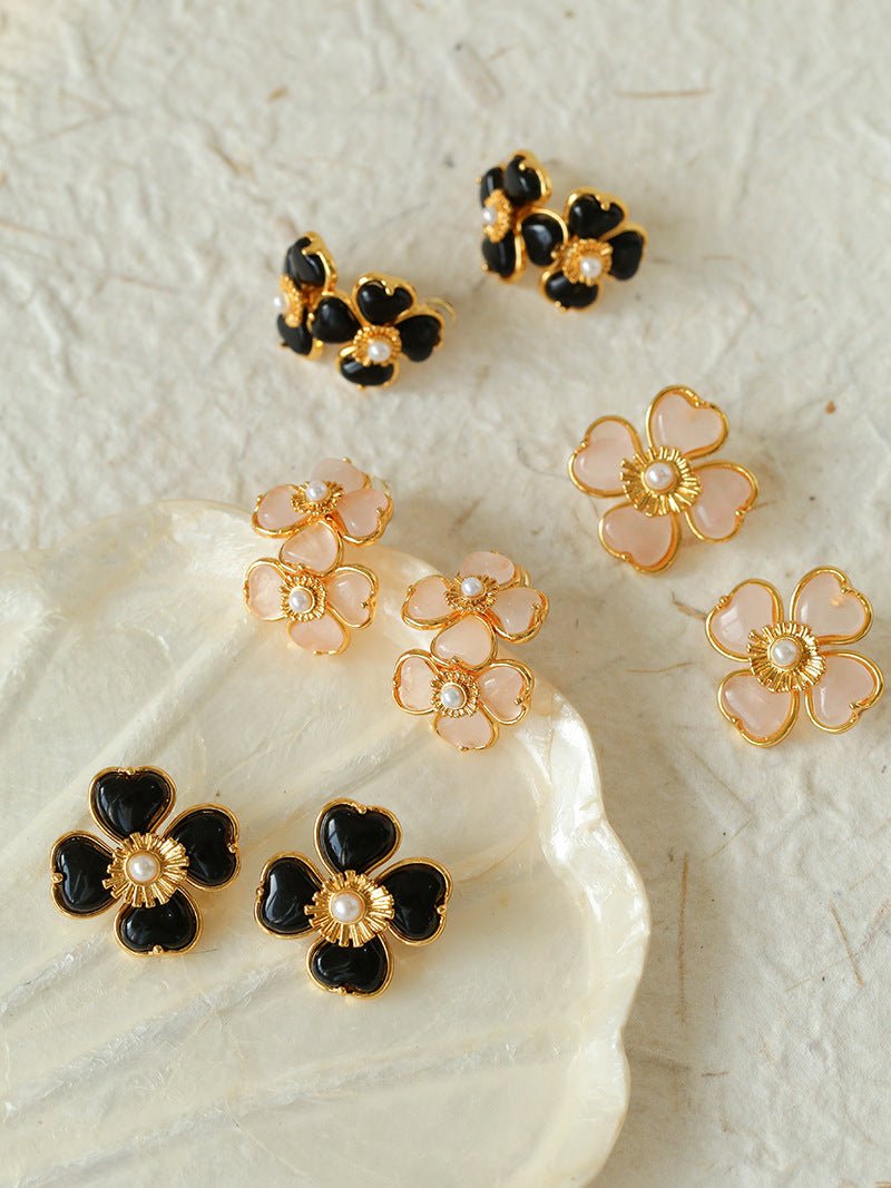 Black Agate White Crystal Rose Quartz Four - leaf Clover Stud Earrings - floysun