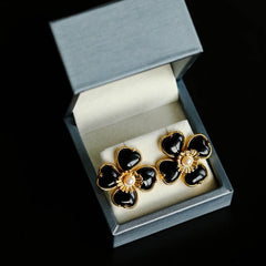 Black Agate White Crystal Rose Quartz Four - leaf Clover Stud Earrings - floysun