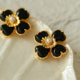 Black Agate White Crystal Rose Quartz Four - leaf Clover Stud Earrings - floysun