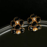 Black Agate White Crystal Rose Quartz Four - leaf Clover Stud Earrings - floysun