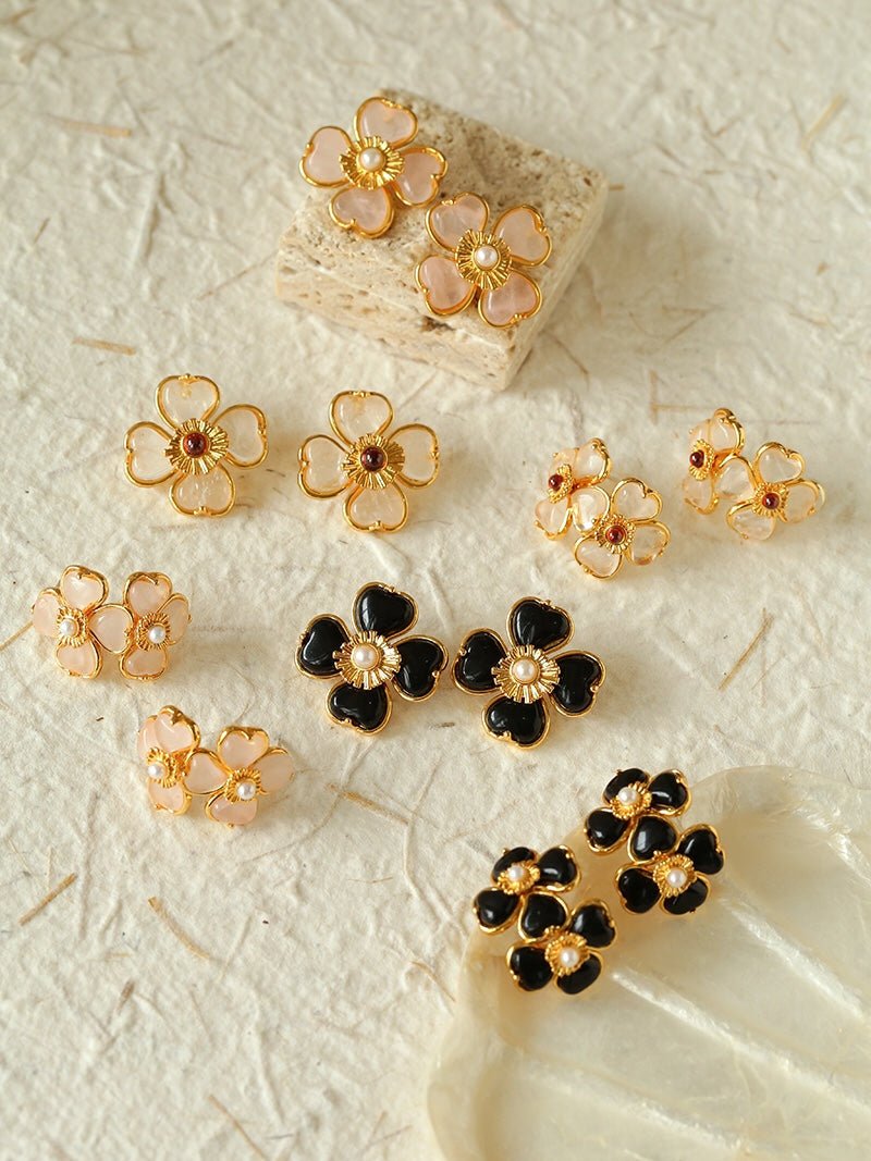 Black Agate White Crystal Rose Quartz Four - leaf Clover Stud Earrings - floysun