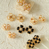 Black Agate White Crystal Rose Quartz Four - leaf Clover Stud Earrings - floysun