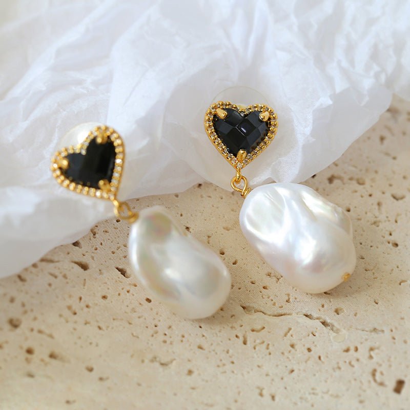 Black Heart - shaped Baroque Pearl Earrings - floysun