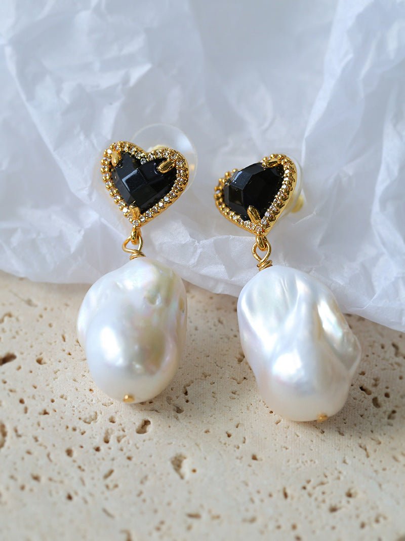 Black Heart - shaped Baroque Pearl Earrings - floysun