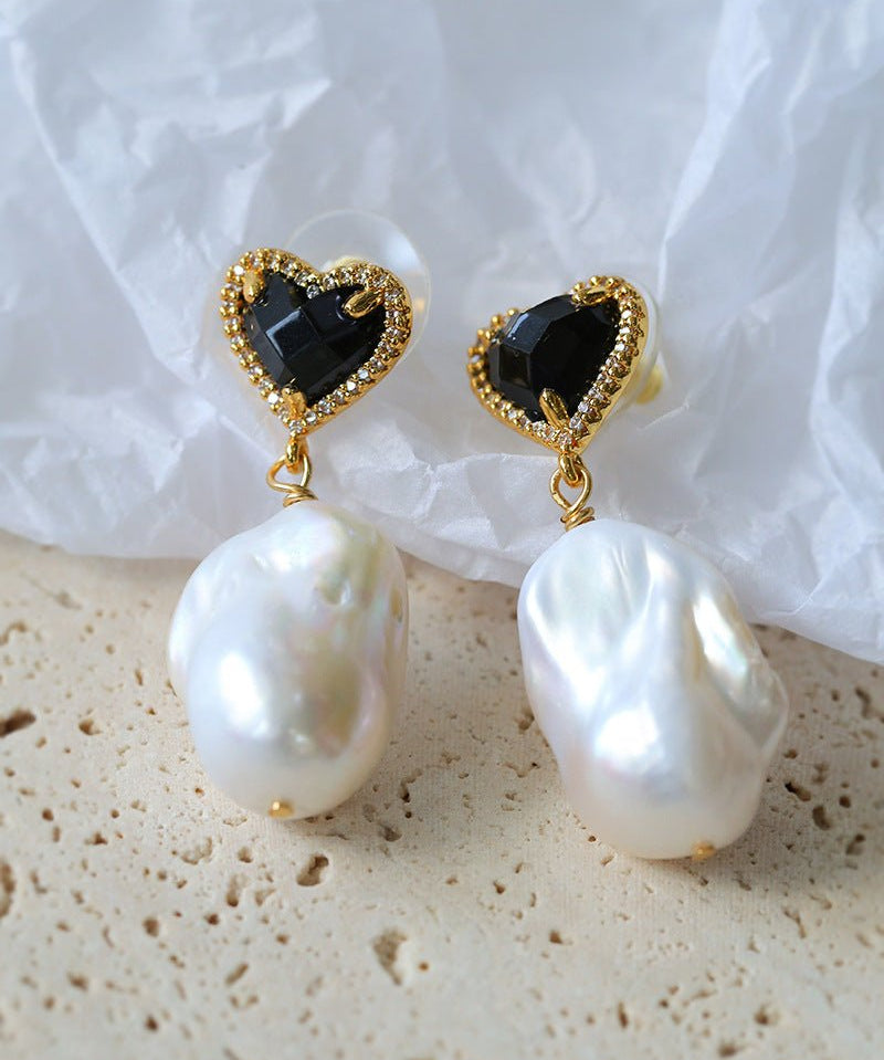 Black Heart - shaped Baroque Pearl Earrings - floysun