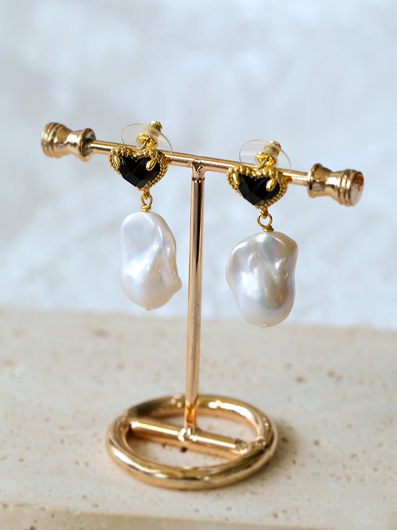 Black Heart - shaped Baroque Pearl Earrings - floysun