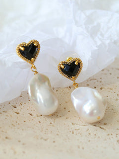 Black Heart - shaped Baroque Pearl Earrings - floysun