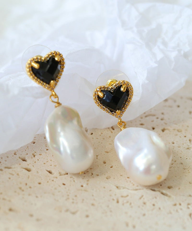 Black Heart - shaped Baroque Pearl Earrings - floysun