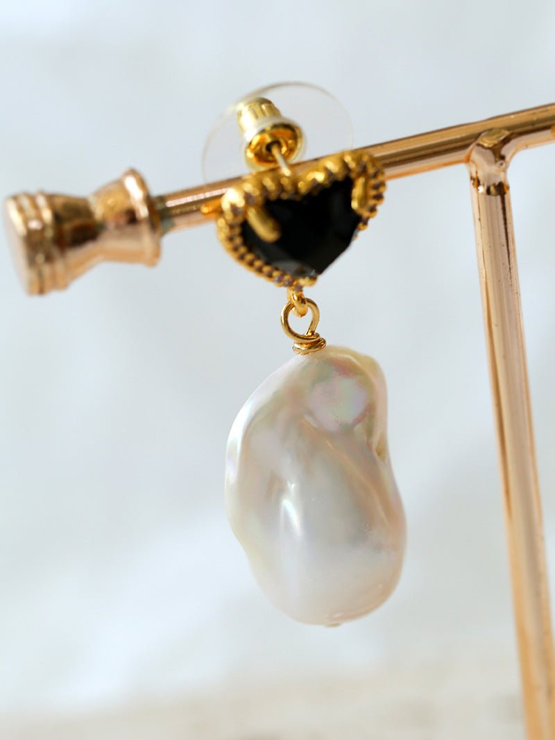 Black Heart - shaped Baroque Pearl Earrings - floysun