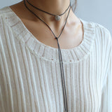 Black Leather Cord Pendant Necklace with Double Teardrop Silver Beads - floysun