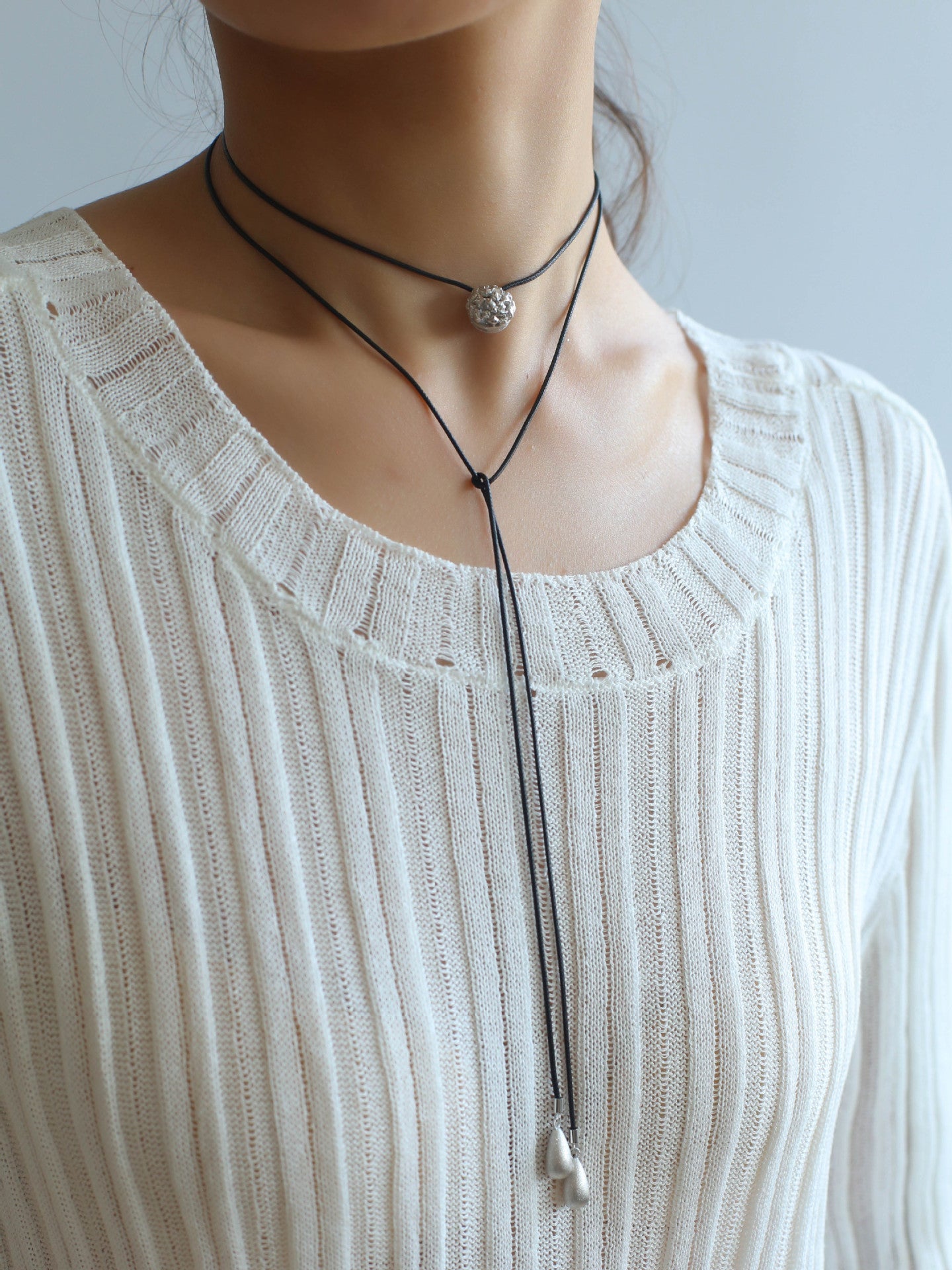 Black Leather Cord Pendant Necklace with Double Teardrop Silver Beads - floysun