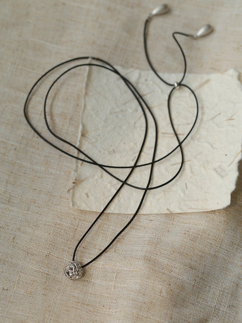 Black Leather Cord Pendant Necklace with Double Teardrop Silver Beads - floysun