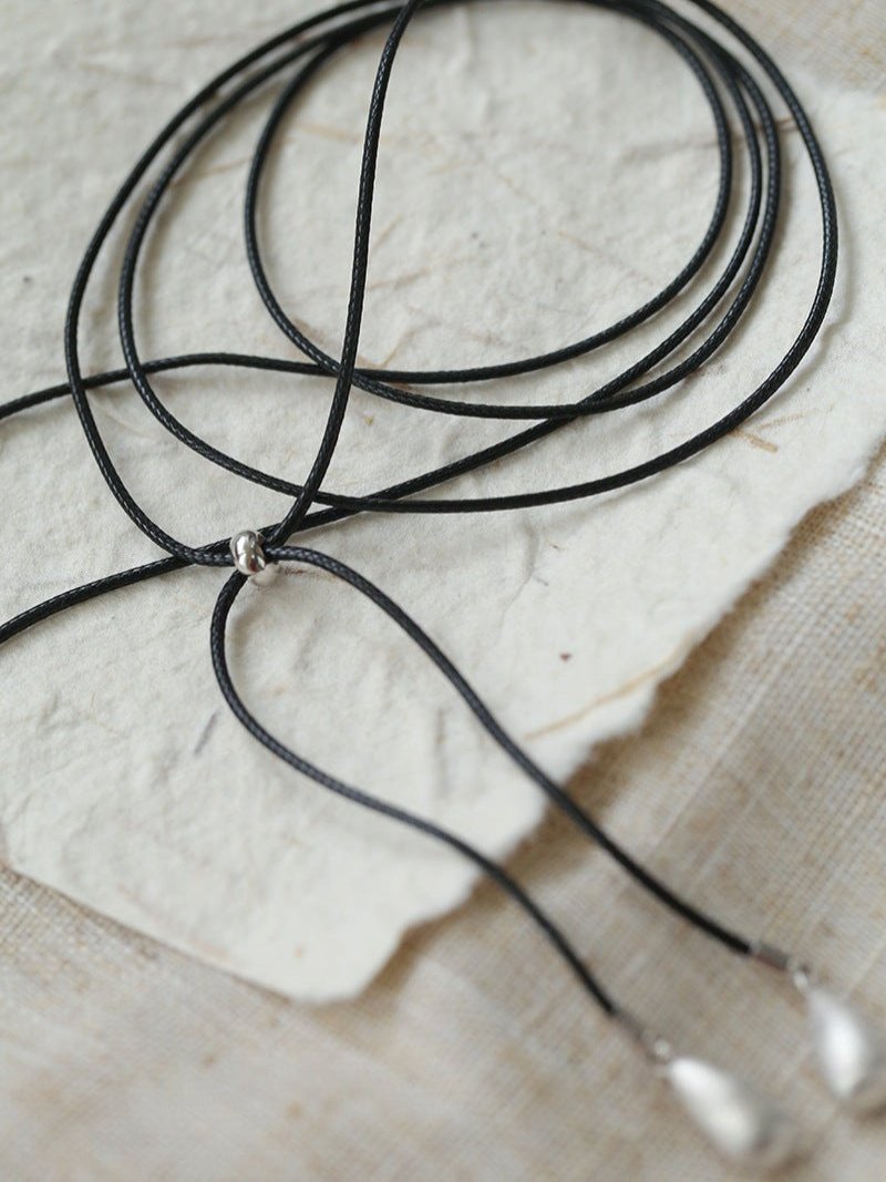 Black Leather Cord Pendant Necklace with Double Teardrop Silver Beads - floysun