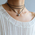 Black Leather Cord Pendant Necklace with Double Teardrop Silver Beads - floysun