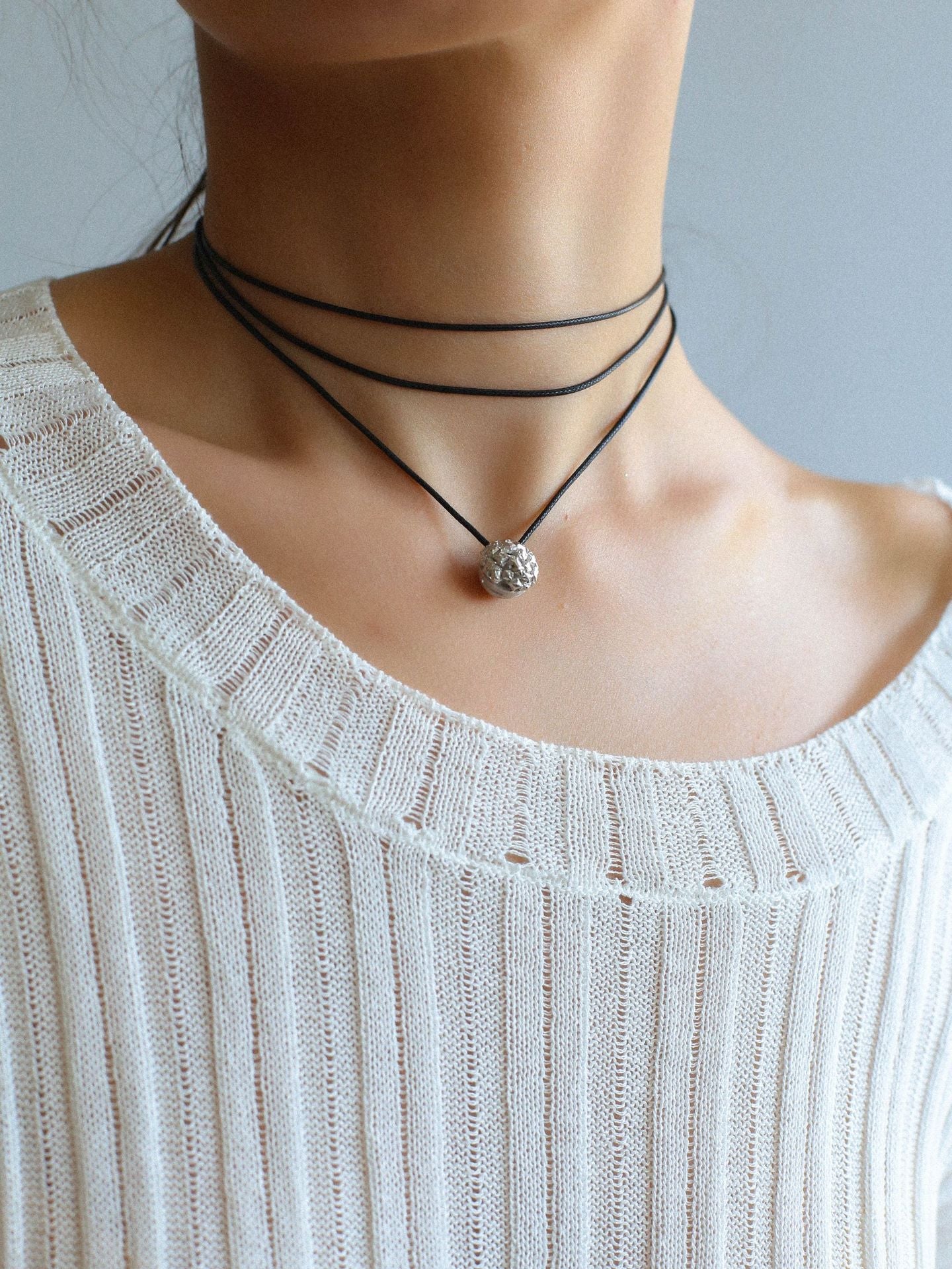 Black Leather Cord Pendant Necklace with Double Teardrop Silver Beads - floysun