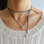 Black Leather Cord Pendant Necklace with Double Teardrop Silver Beads - floysun