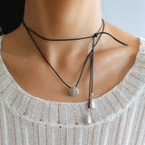 Black Leather Cord Pendant Necklace with Double Teardrop Silver Beads - floysun