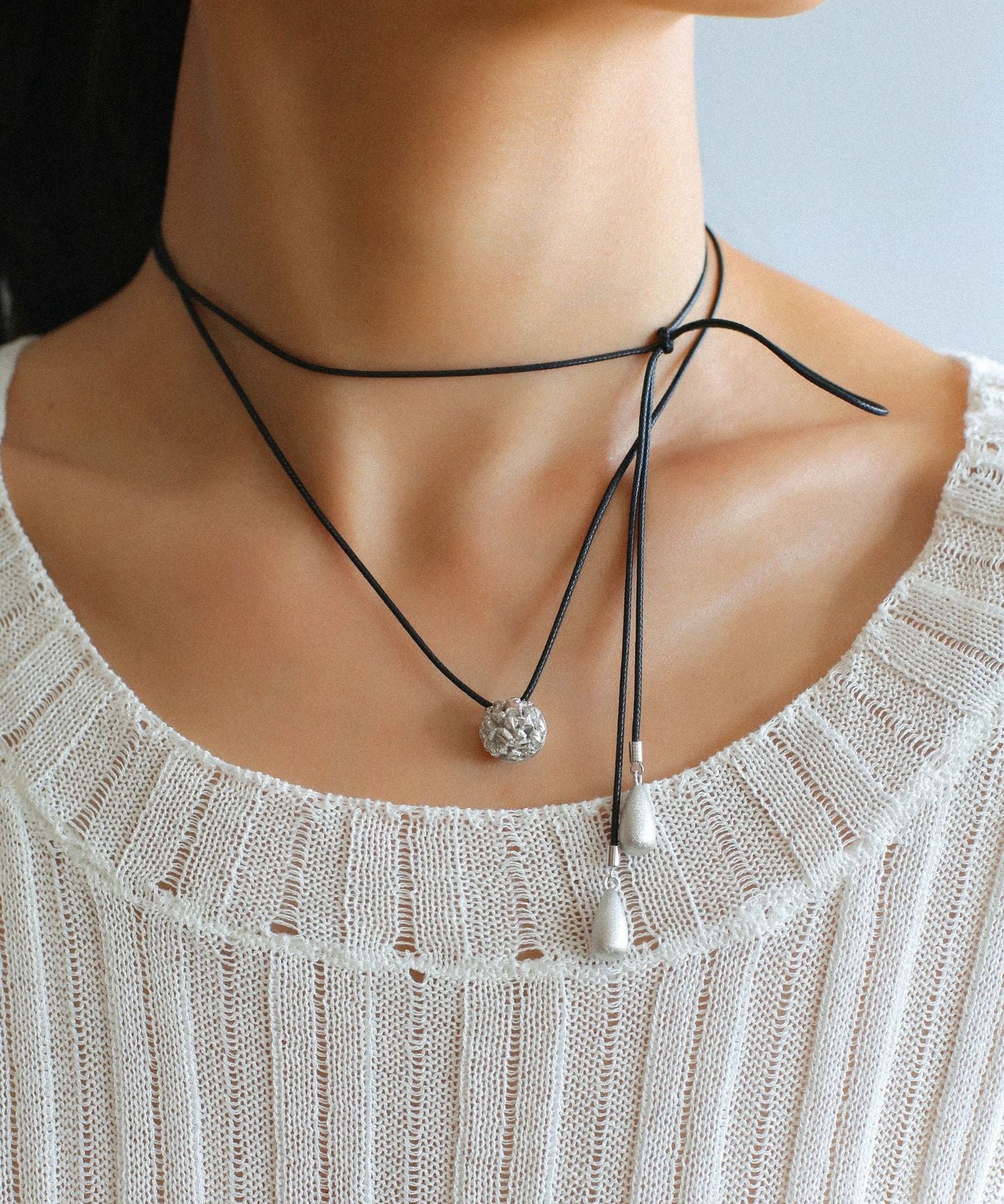 Black Leather Cord Pendant Necklace with Double Teardrop Silver Beads - floysun