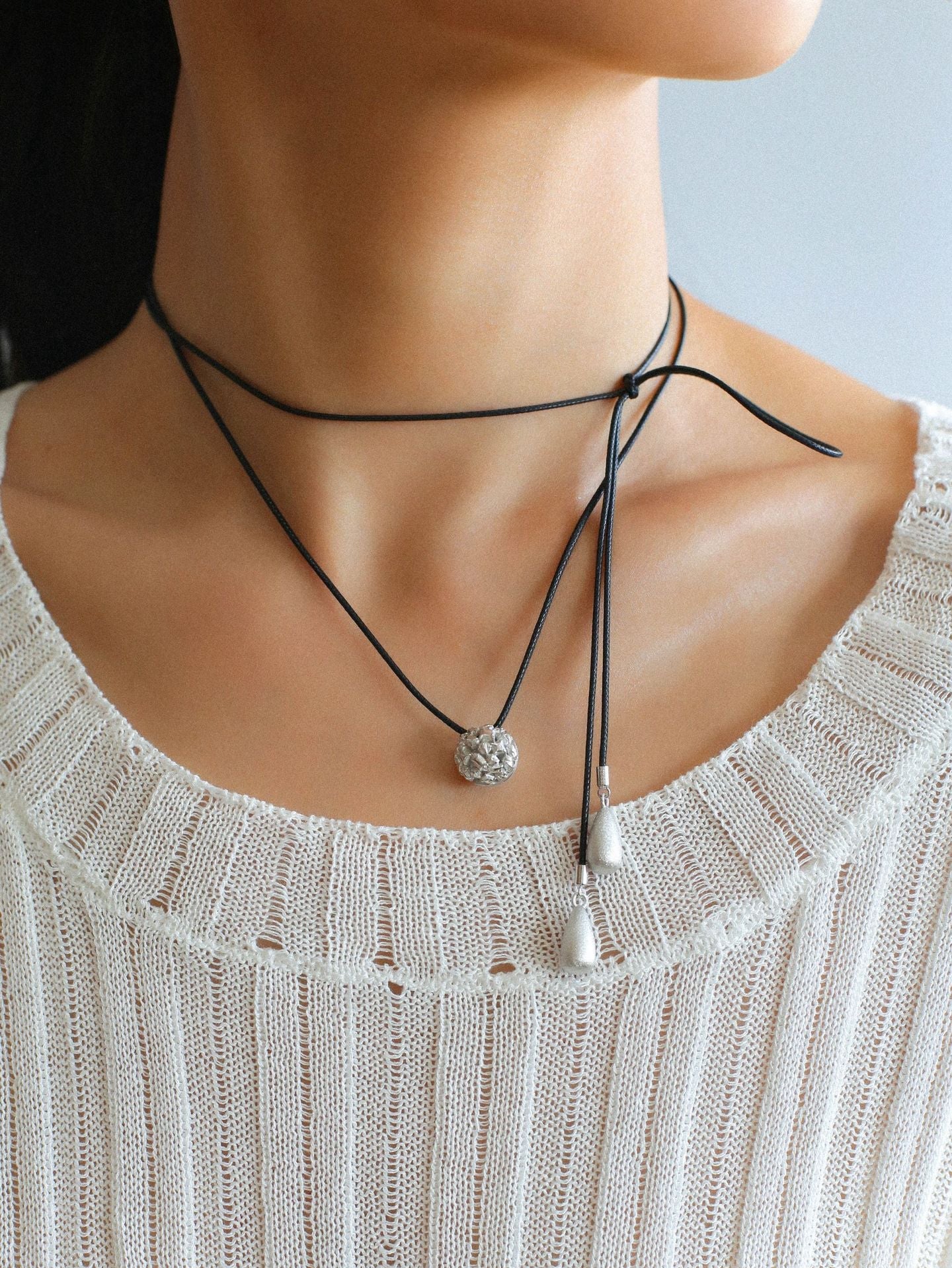 Black Leather Cord Pendant Necklace with Double Teardrop Silver Beads - floysun