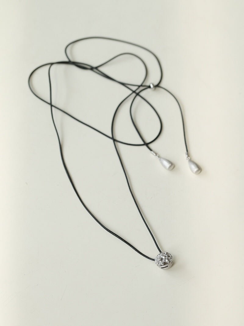 Black Leather Cord Pendant Necklace with Double Teardrop Silver Beads - floysun