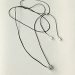 Black Leather Cord Pendant Necklace with Double Teardrop Silver Beads - floysun