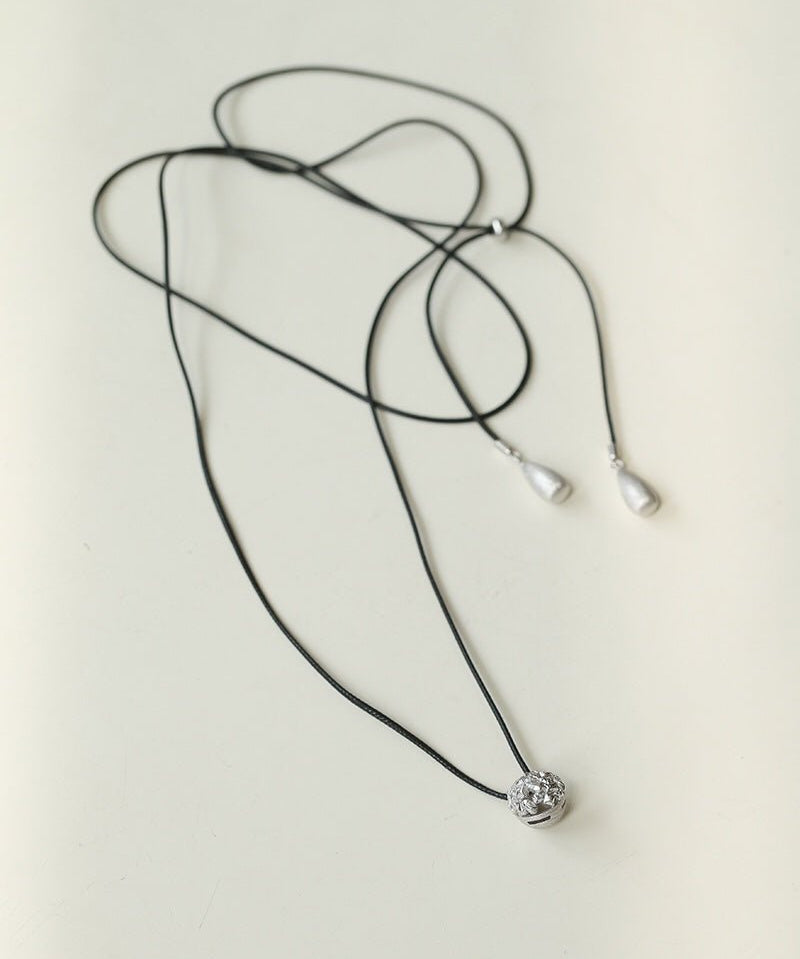 Black Leather Cord Pendant Necklace with Double Teardrop Silver Beads - floysun