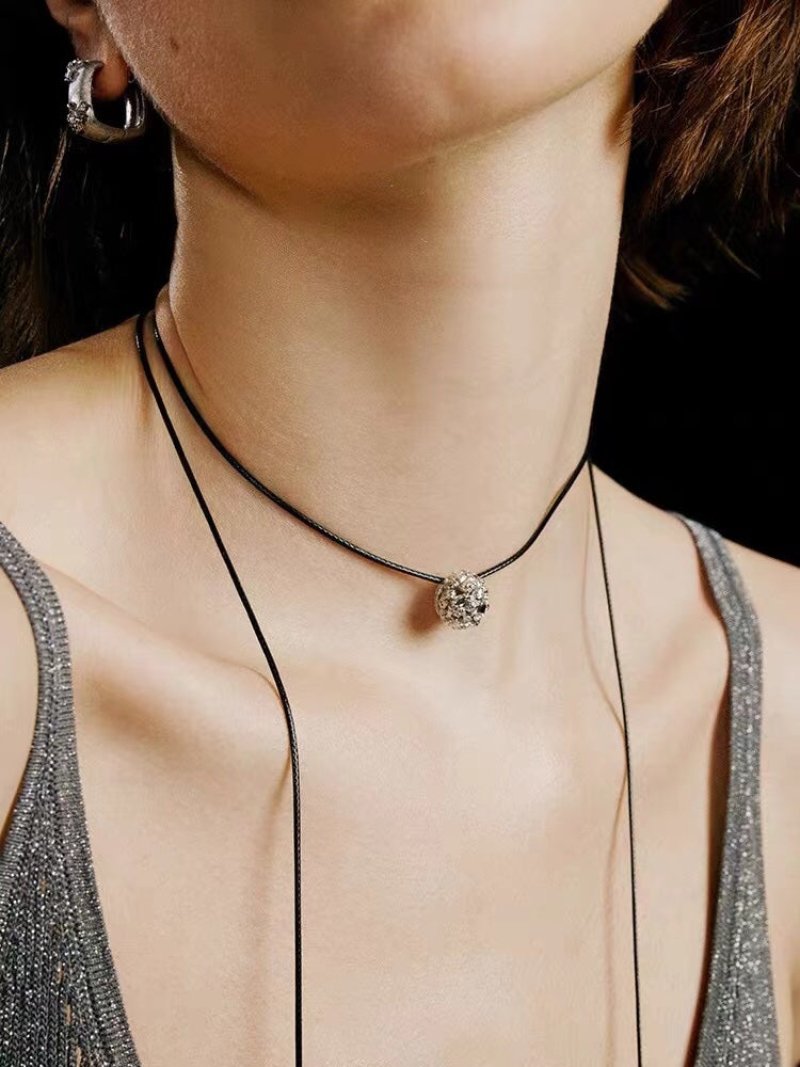 Black Leather Cord Pendant Necklace with Double Teardrop Silver Beads - floysun