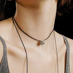 Black Leather Cord Pendant Necklace with Double Teardrop Silver Beads - floysun