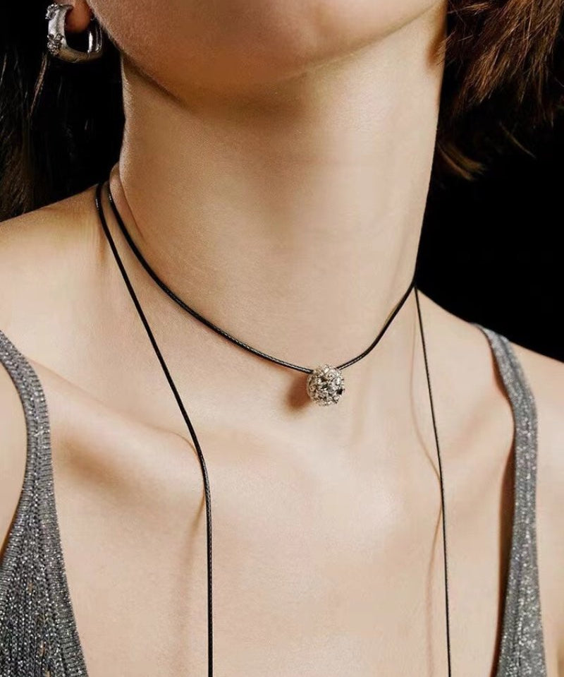 Black Leather Cord Pendant Necklace with Double Teardrop Silver Beads - floysun