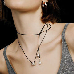 Black Leather Cord Pendant Necklace with Double Teardrop Silver Beads - floysun