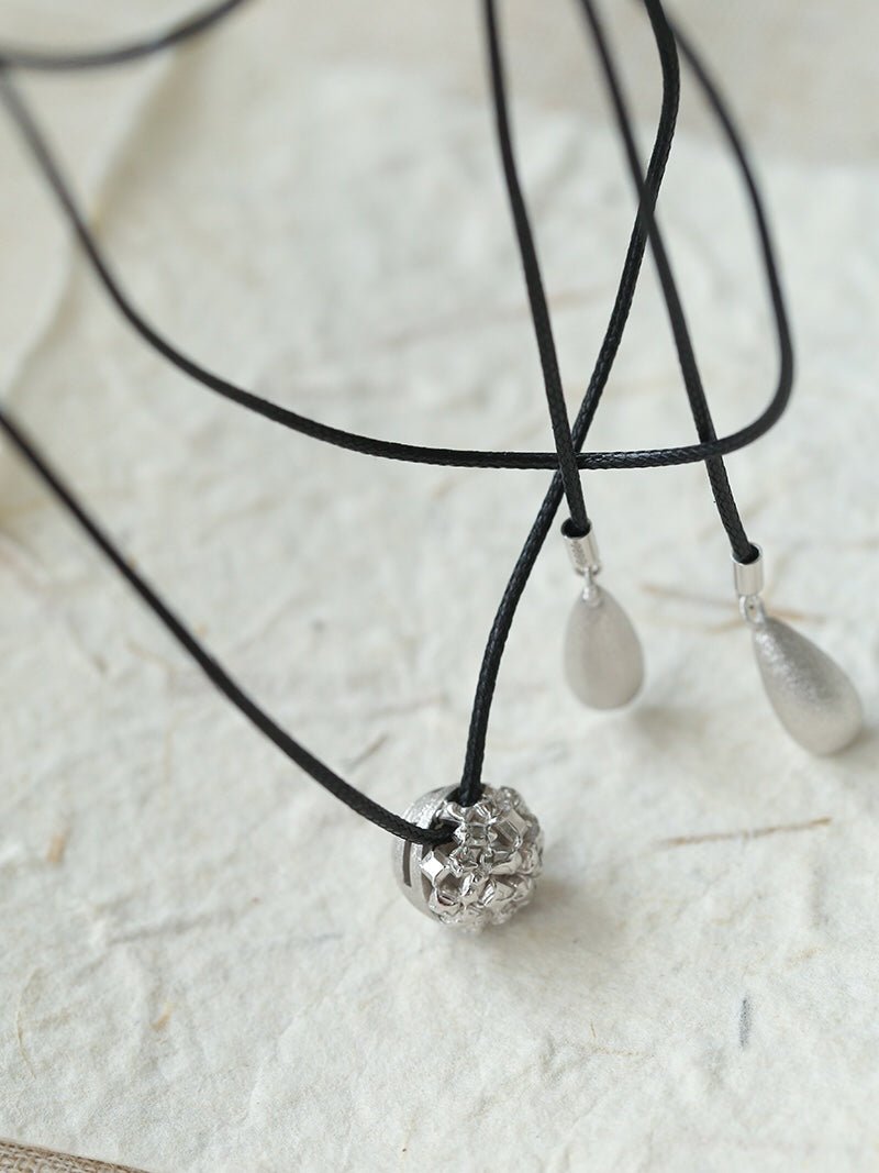 Black Leather Cord Pendant Necklace with Double Teardrop Silver Beads - floysun