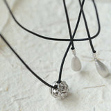 Black Leather Cord Pendant Necklace with Double Teardrop Silver Beads - floysun