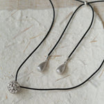 Black Leather Cord Pendant Necklace with Double Teardrop Silver Beads - floysun