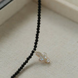 Black Onyx Beaded Necklace with Cross Pearl Pendant - floysun