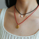 Black Onyx Beaded Necklace with Cross Pearl Pendant - floysun