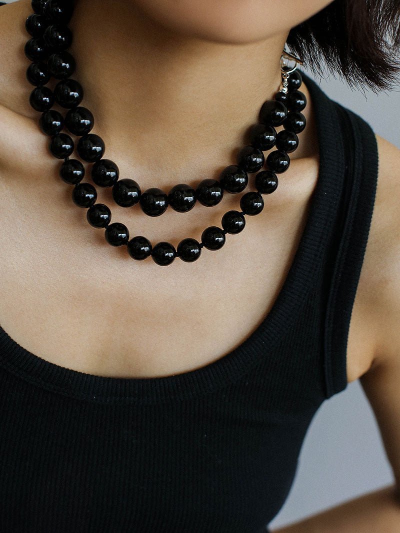 Black Onyx Beaded OT Buckle Necklace - 14mm - floysun