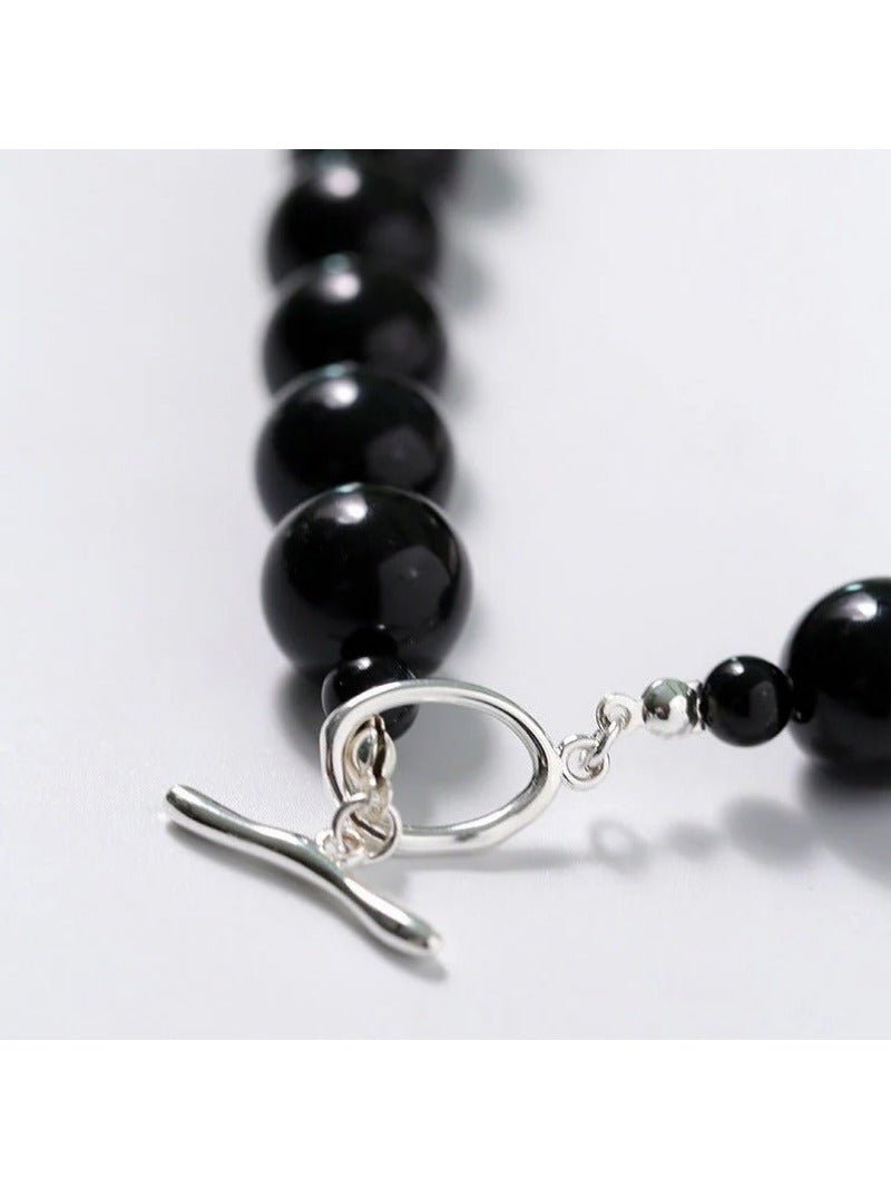 Black Onyx Beaded OT Buckle Necklace - 14mm - floysun