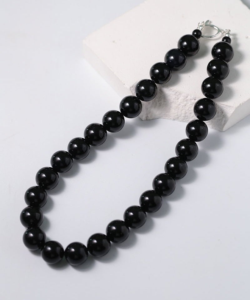 Black Onyx Beaded OT Buckle Necklace - 14mm - floysun