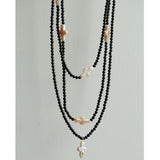 Black Onyx Cross Baroque Pearl Long Beaded Necklace - floysun