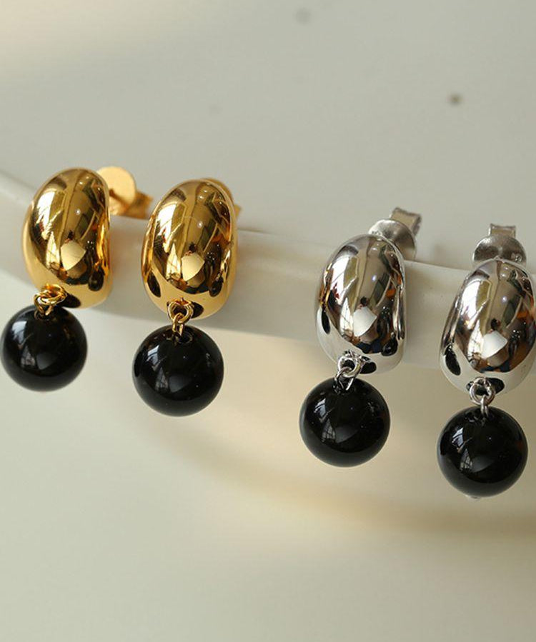 Black Onyx Drop Huggie Earrings - floysun