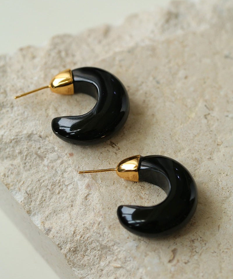 Black Onyx Moon Huggie Earrings - floysun