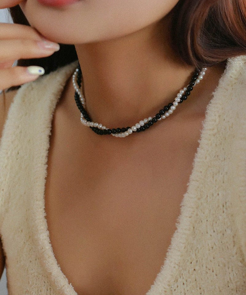 Black Onyx Natural Pearl Double Layer Necklace - floysun