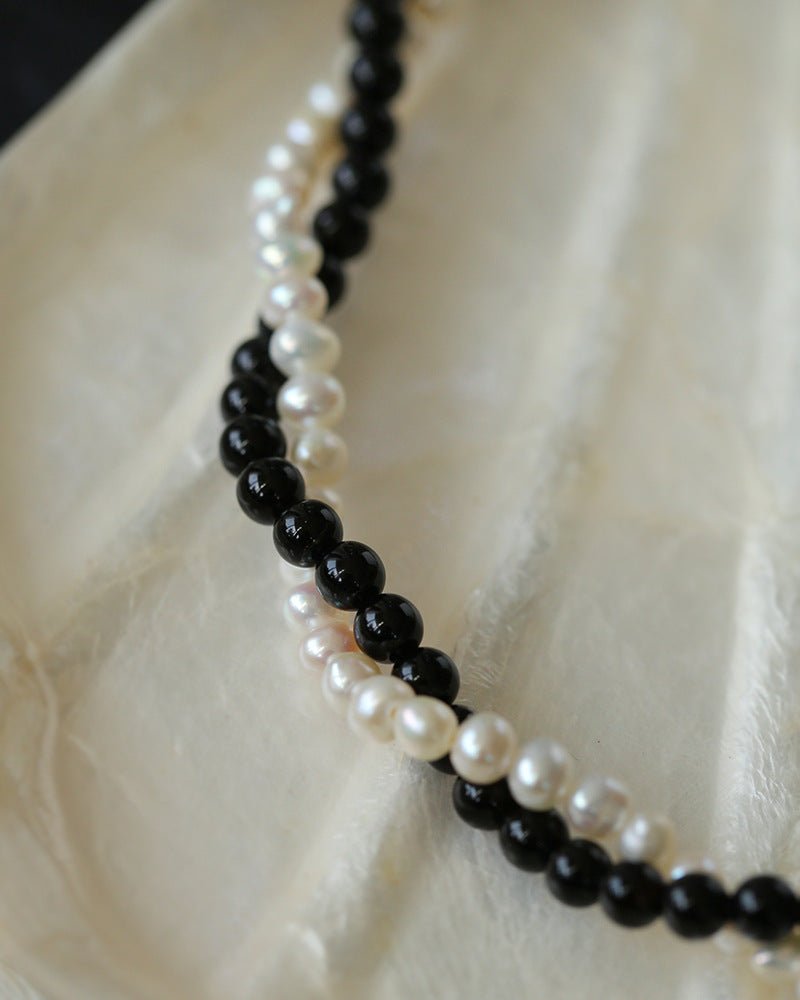 Black Onyx Natural Pearl Double Layer Necklace - floysun