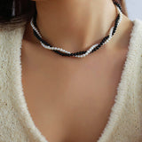 Black Onyx Natural Pearl Double Layer Necklace - floysun