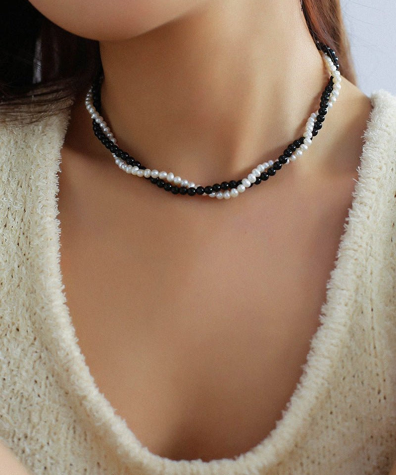 Black Onyx Natural Pearl Double Layer Necklace - floysun