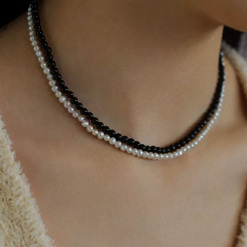 Black Onyx Natural Pearl Double Layer Necklace - floysun