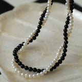 Black Onyx Natural Pearl Double Layer Necklace - floysun