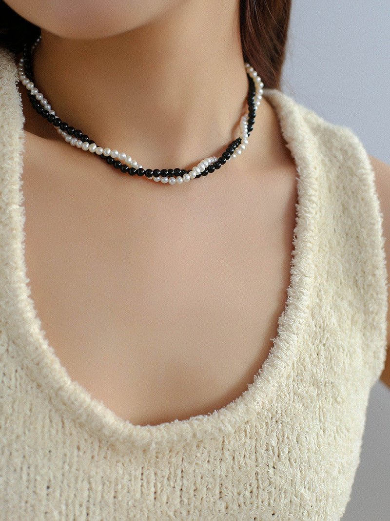 Black Onyx Natural Pearl Double Layer Necklace - floysun