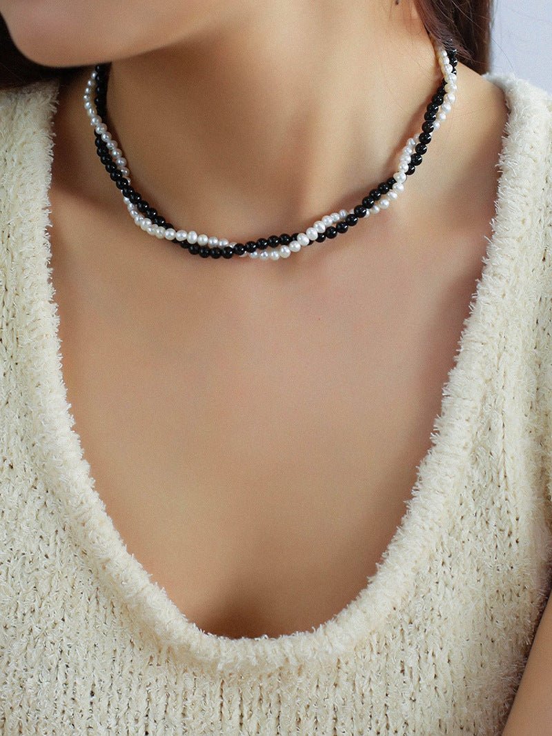 Black Onyx Natural Pearl Double Layer Necklace - floysun