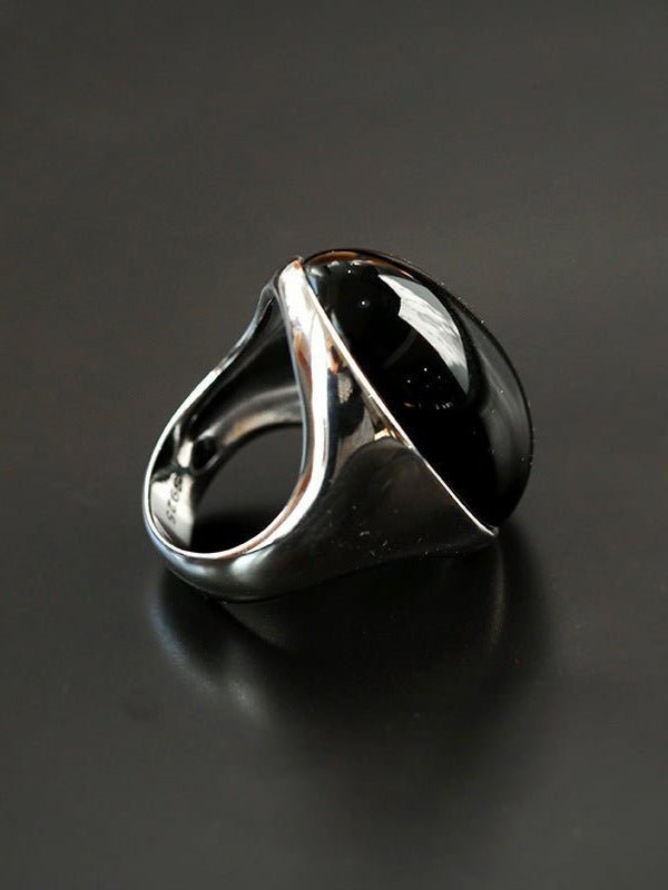 Black Onyx Oval Egg Sterling Silver Ring - floysun